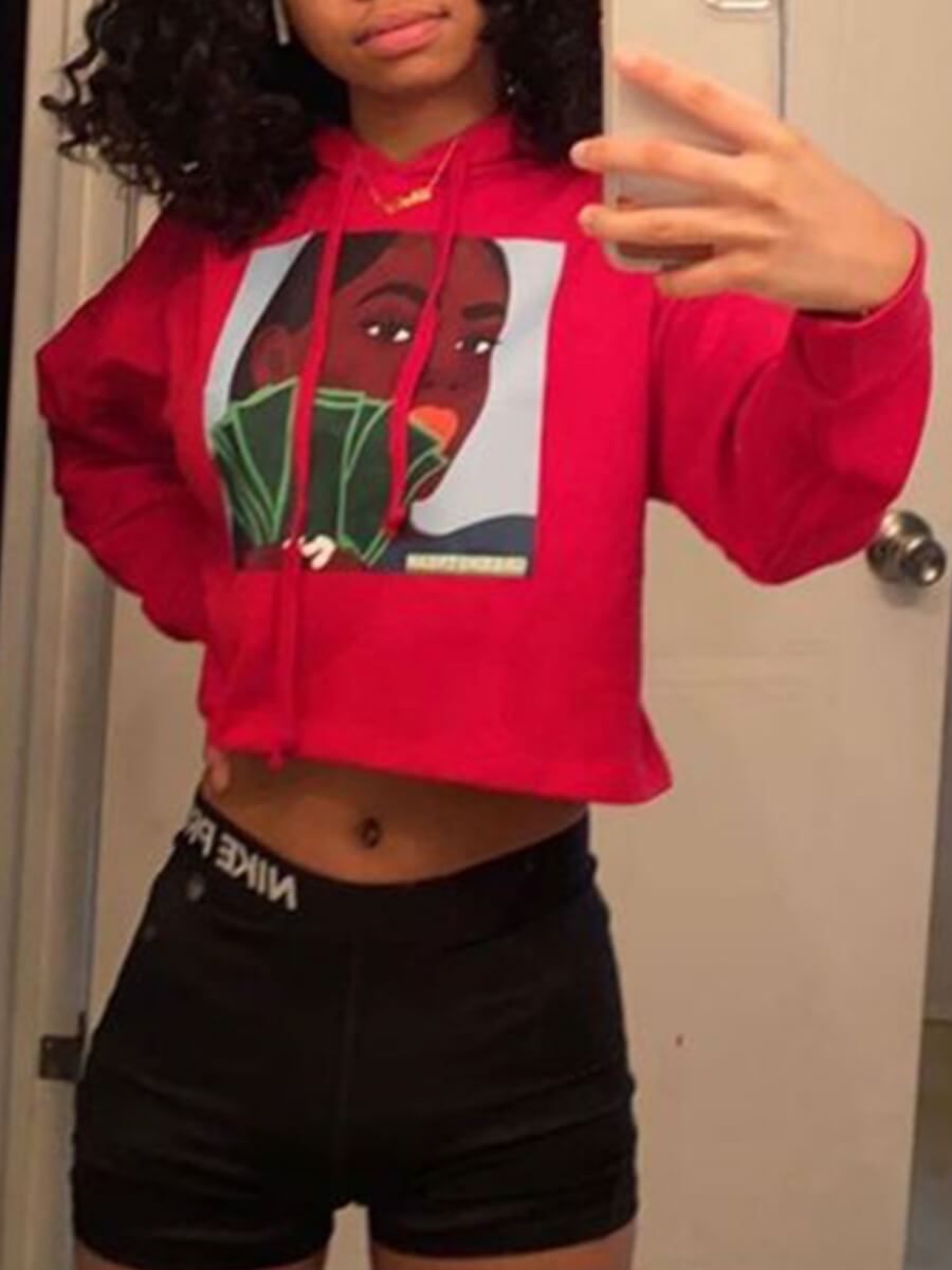 

Lovely Casual Hooded Collar Print Red Hoodie