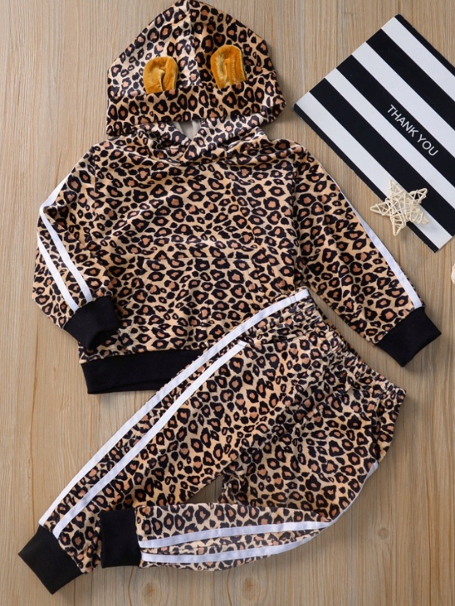 

lovely Sportswear Hooded Collar Leopard Print Girl Two-piece Pants Set