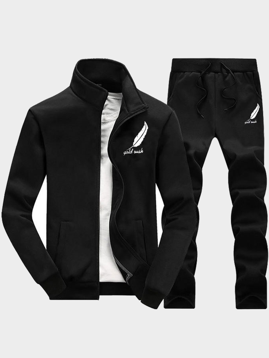 

lovely Casual Print Zipper Design Black Men Two-piece Pants Set
