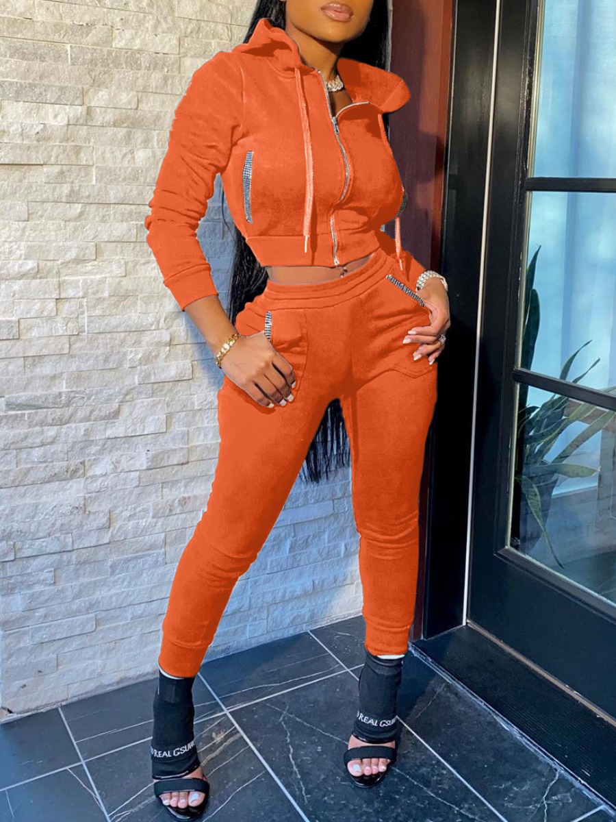 

LW Hooded Collar Zipper Design Tracksuit Pants Set, Orange