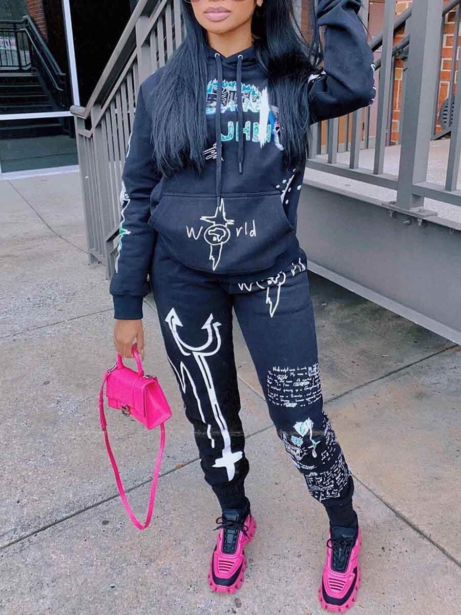 

Lovely Sportswear Hooded Collar Print Black Plus Size Two-piece Pants Set