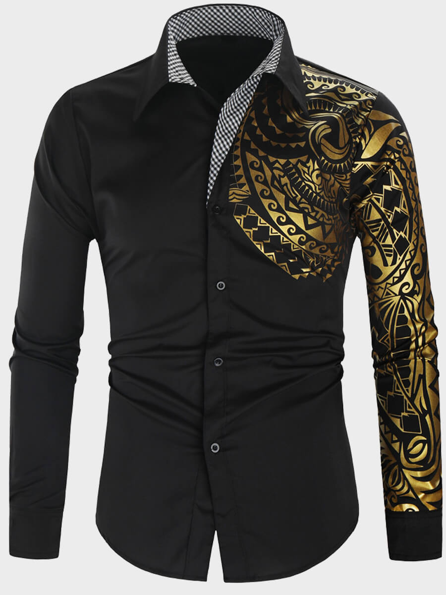 

Lovely Men Trendy Turndown Collar Print Black Shirt