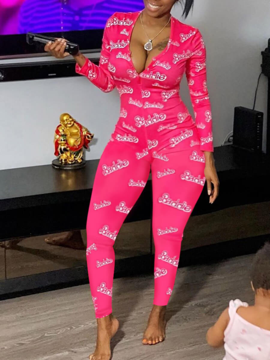 

Lovely Plus Size Sexy V Neck Letter Print Pink One-piece Jumpsuit