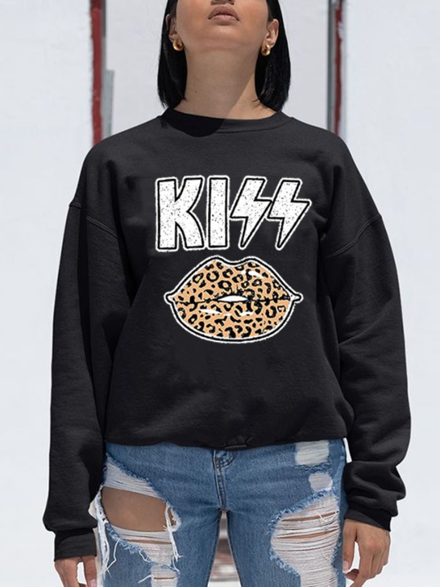 

lovely Casual O Neck Lip Print Black Hoodie