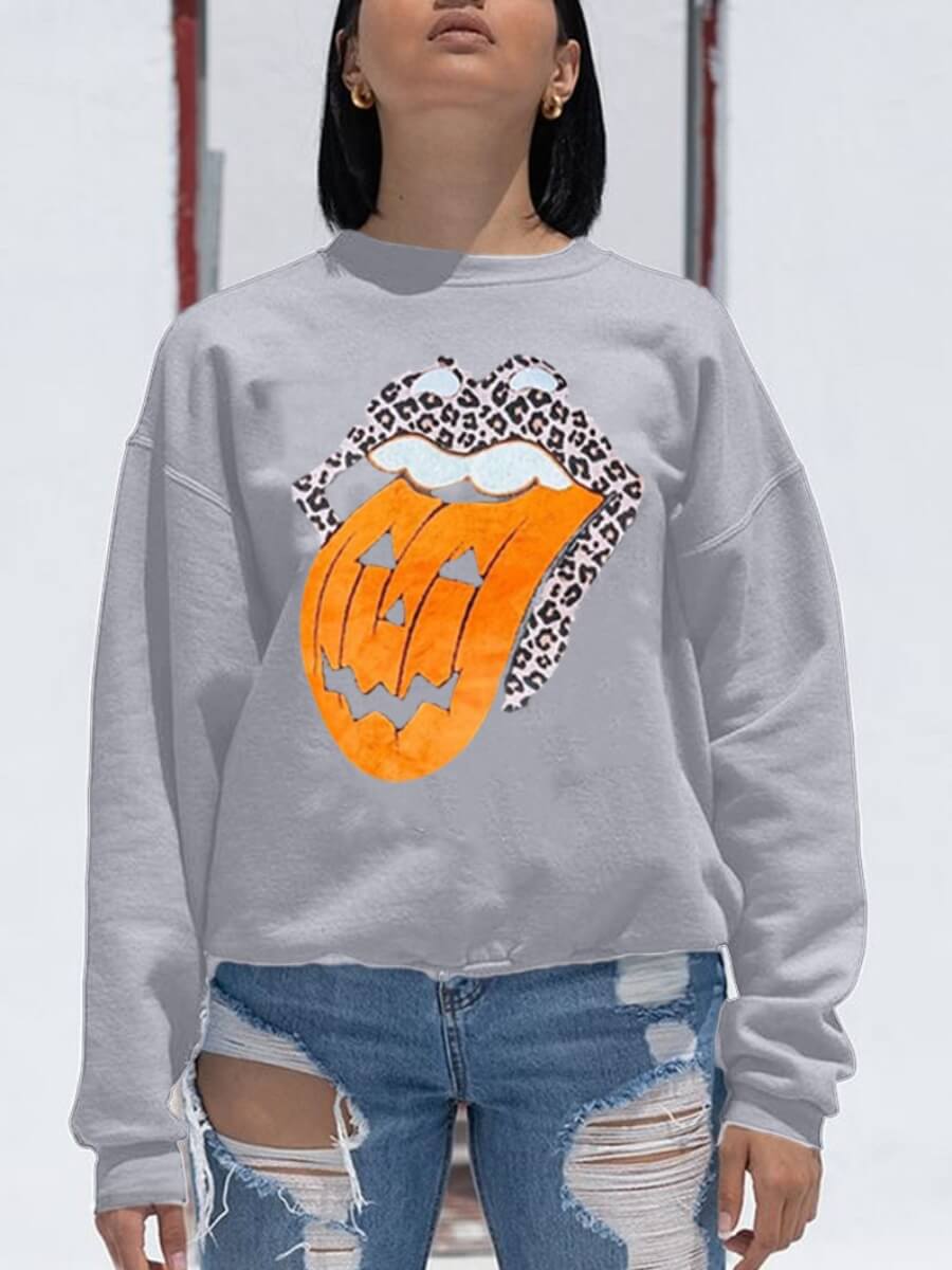 

Lovely Casual O Neck Lip Print Grey Hoodie