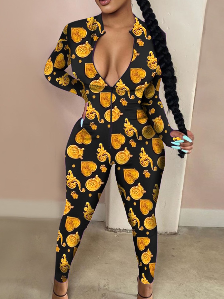 

lovely Trendy Print Zipper Design Gold One-piece Jumpsuit