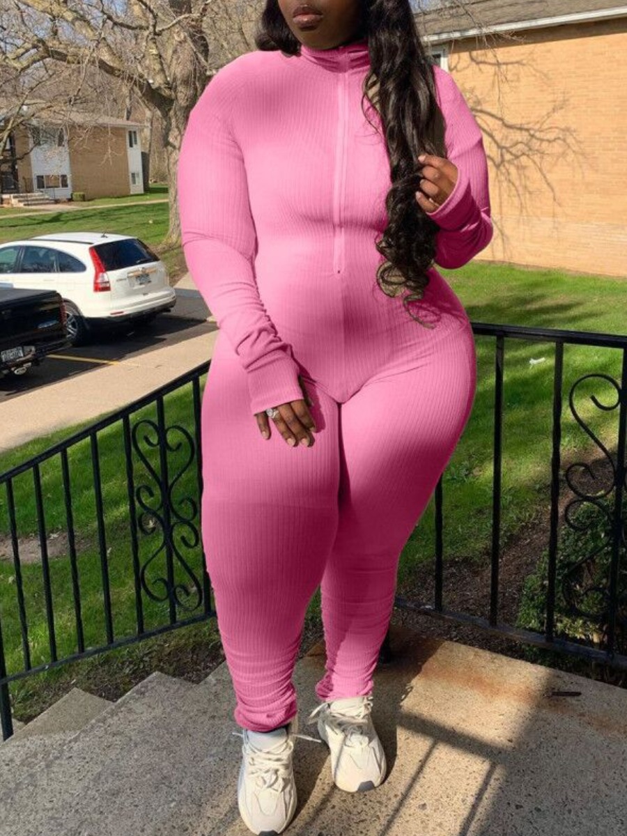 

lovely Sportswear Zipper Design Fold Design Pink Plus Size One-piece Jumpsuit