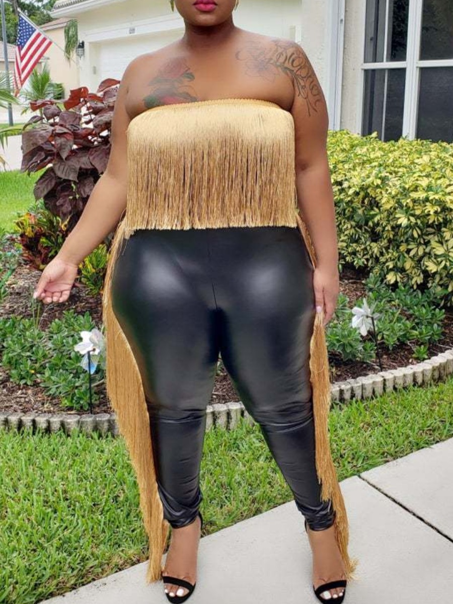 

Lovely Trendy Dew Shoulder Tassel Design Black Plus Size Two-piece Pants Set