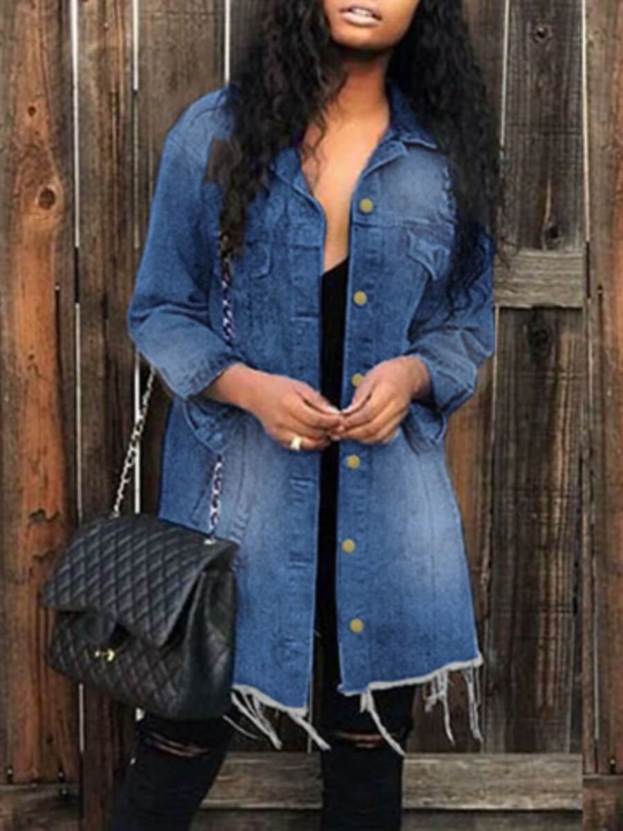 

Lovely Casual Raw Edge Deep Blue Denim Coat