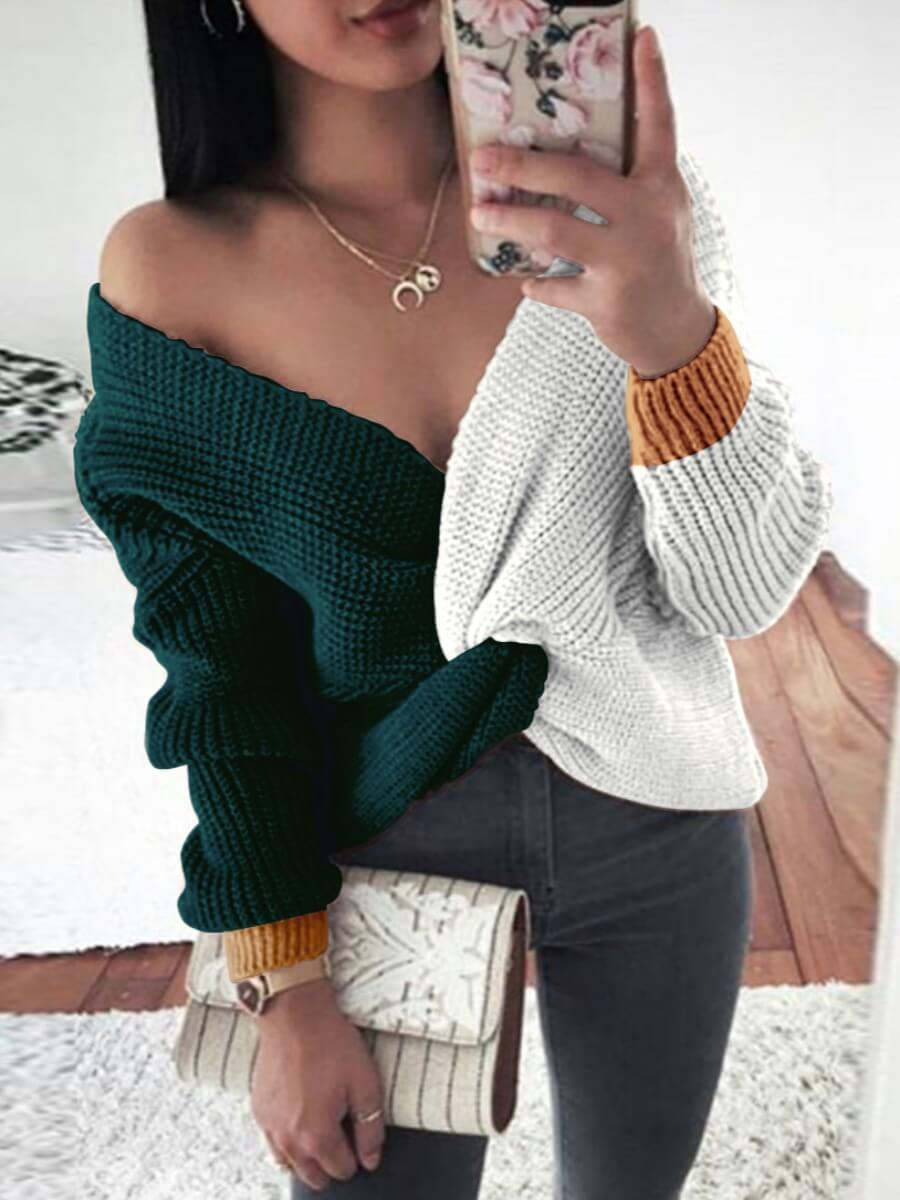 

Lovely Casual V Neck Patchwork Green Sweater