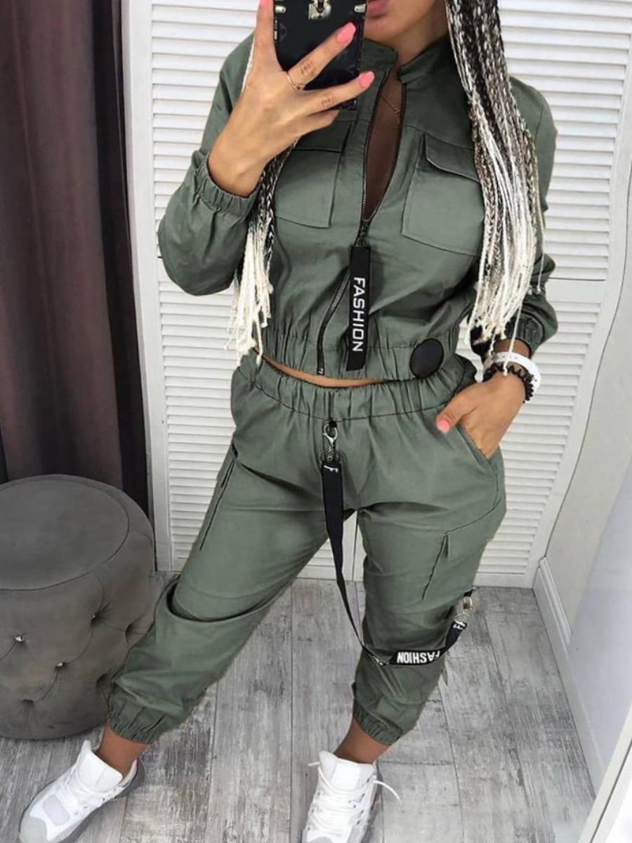 

lovely Trendy Zipper Design Pocket Patched Green Two Piece Pants Set