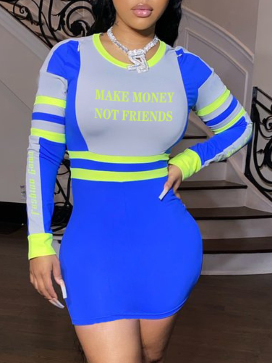 

lovely Sportswear O Neck Letter Patchwork Blue Mini Dress