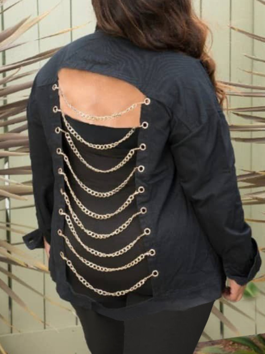 

Lovely Street Turndown Collar Backless Black Denim Jacket
