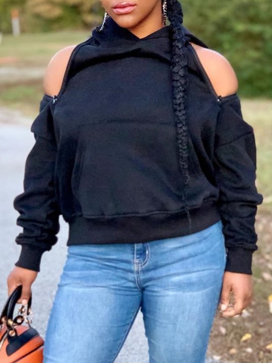 

lovely Street Hooded Collar Hollow-out Black Hoodie