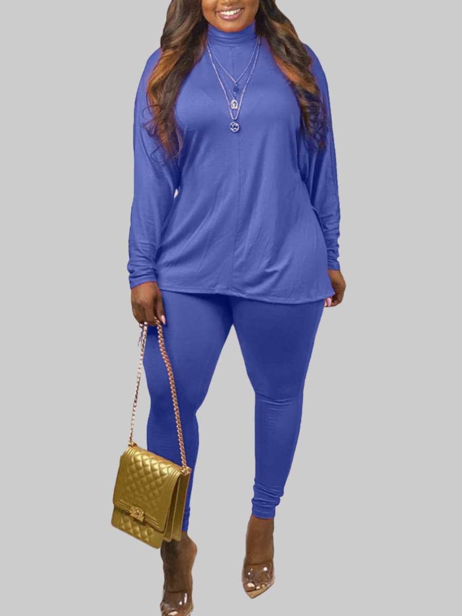 

lovely Casual Turtleneck Side Slit Blue Plus Size Two-piece Pants Set