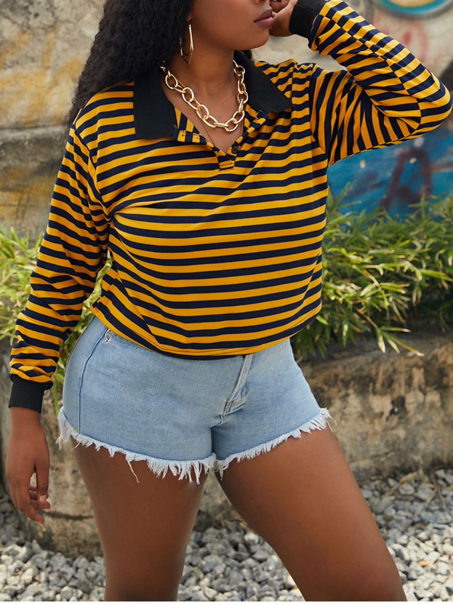 

lovely Casual Turndown Collar Striped Yellow Hoodie