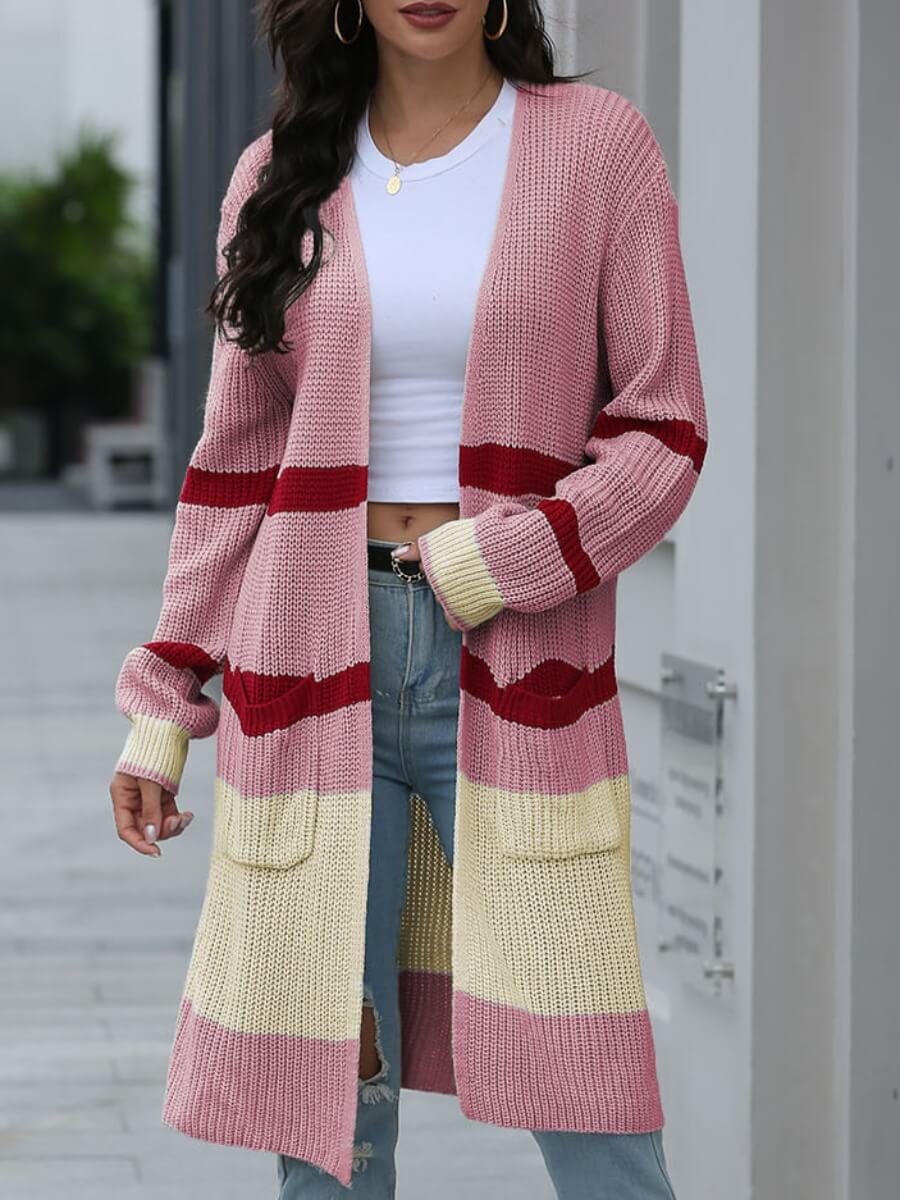 

Lovely Trendy Striped Pink Long Cardigan