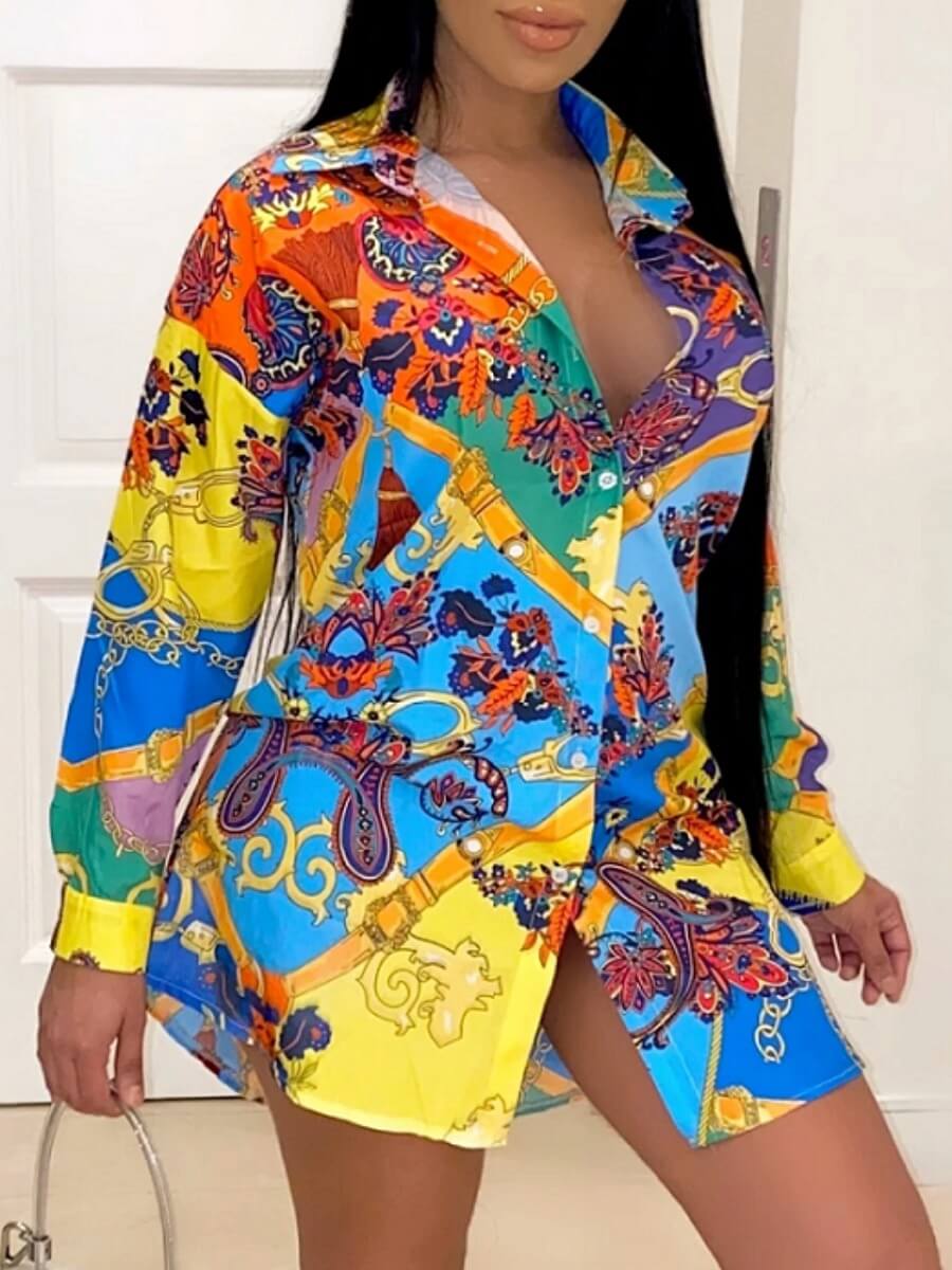 

Lovely Stylish Shirt Collar Print Multicolor Mini Shirt Dress, Multi