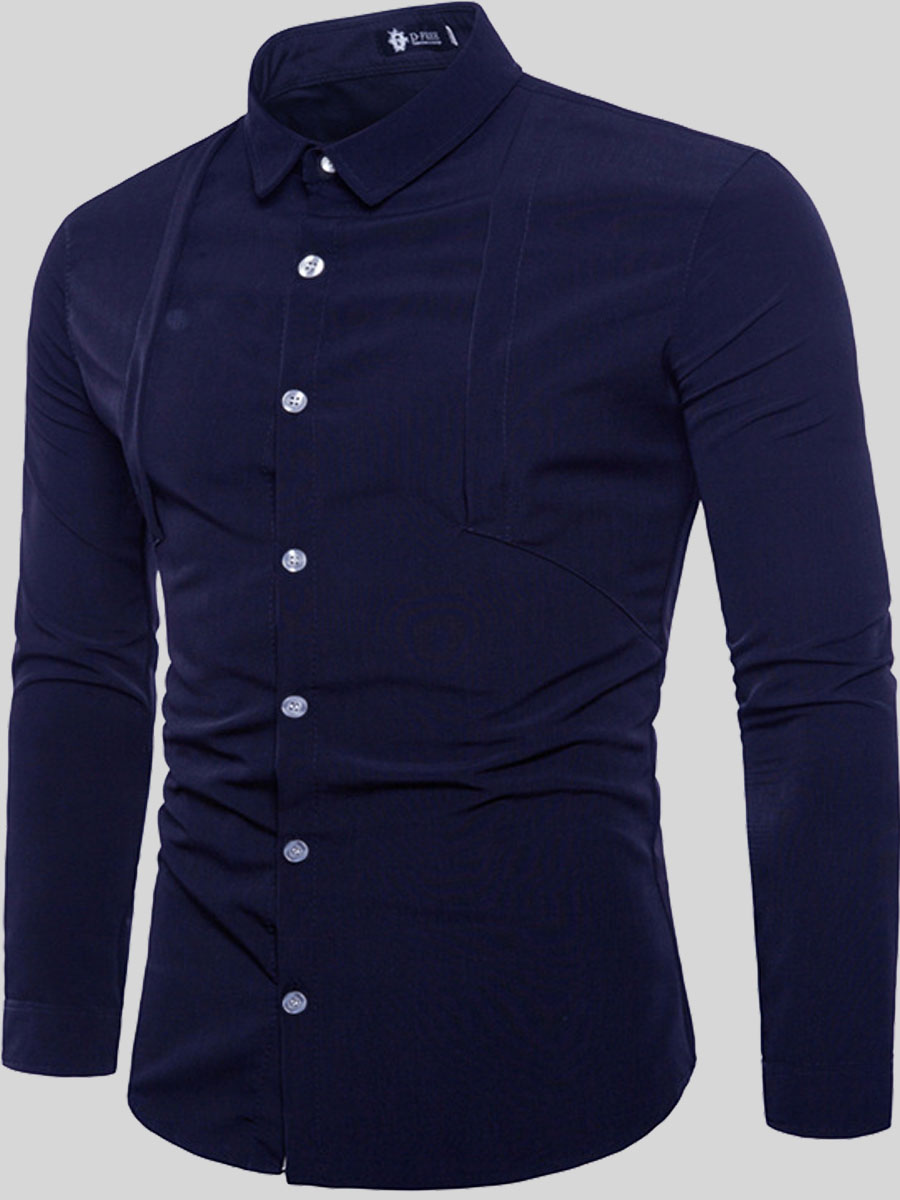 

lovely Trendy Turndown Collar Buttons Design Navy Blue Men Shirt