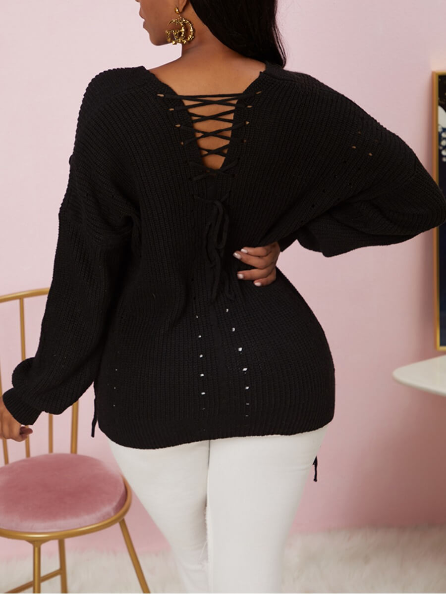 

Lovely Street V Neck Bandage Design Black Sweater