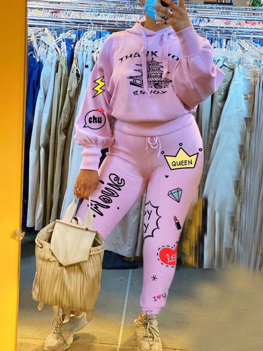 

lovely Casual Hooded Collar Print Pink Two Piece Pants Set