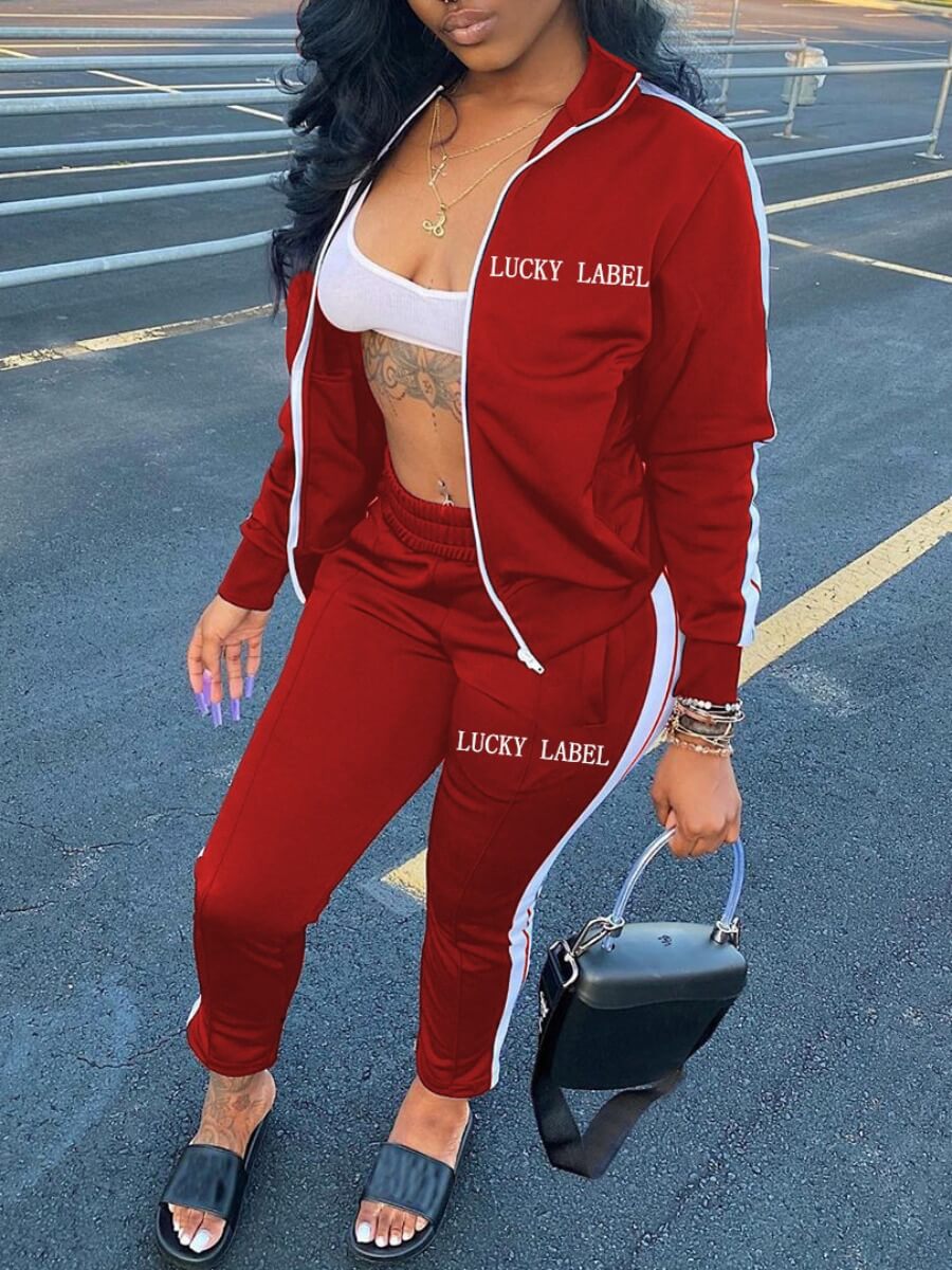 

Lovely Sportswear Letter Patchwork Red Two Piece Pants Set