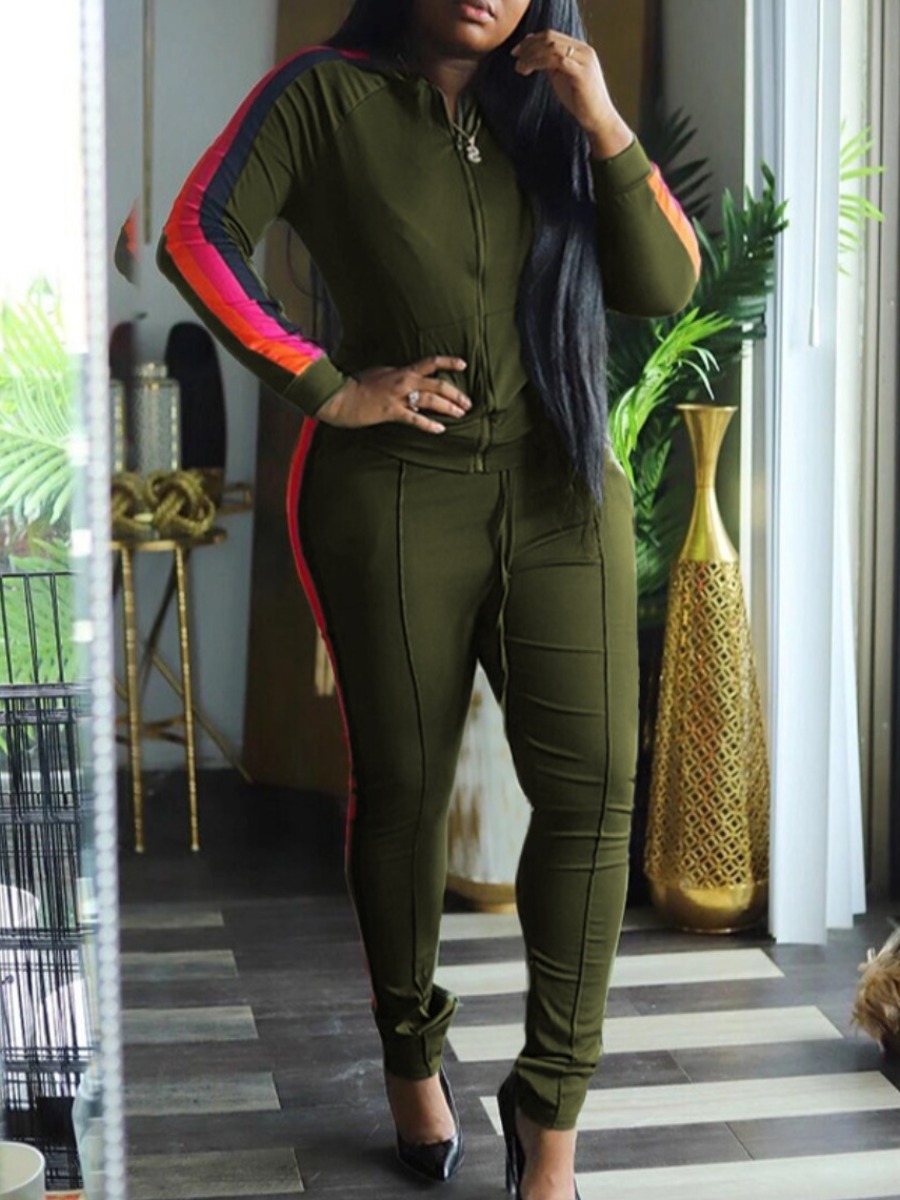 

lovely Sportswear Zipper Design Patchwork Green Plus Size Two Piece Pants Set
