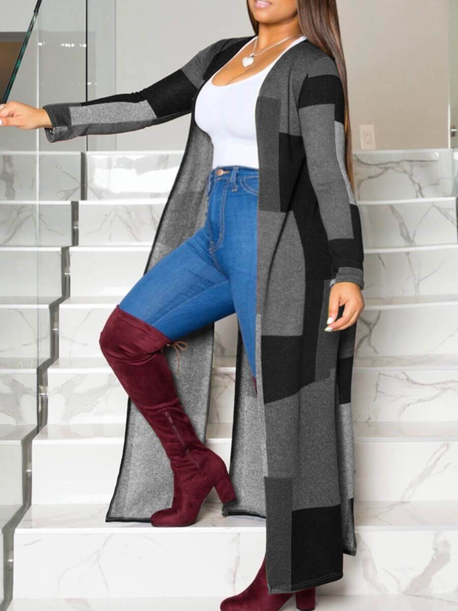 LW Plus Size Casual Print Black Long Coat, lovely, Plus Size Coat&Jacket  - buy with discount