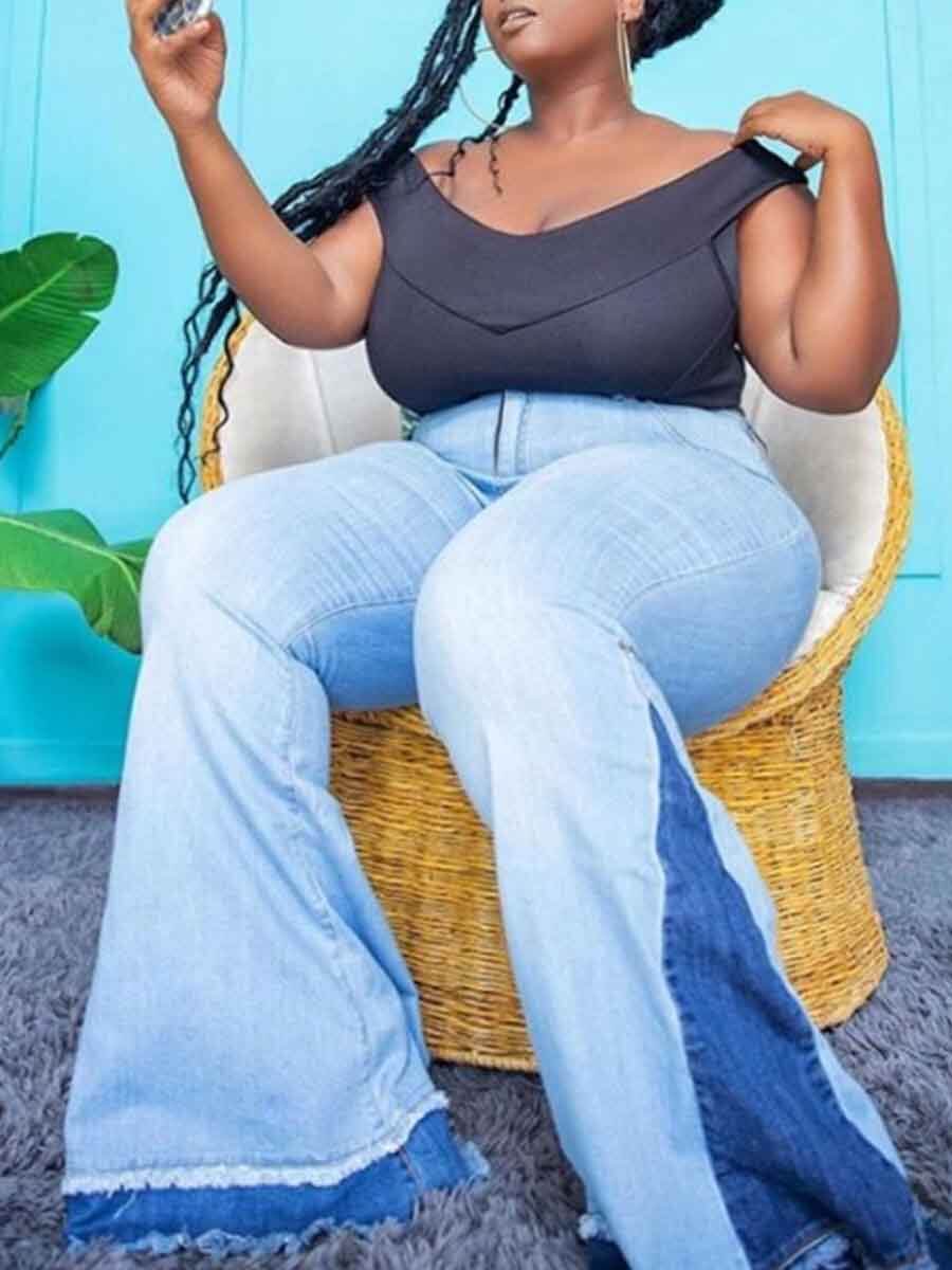 

Lovely Stylish Patchwork Flared Baby Blue Plus Size Jeans