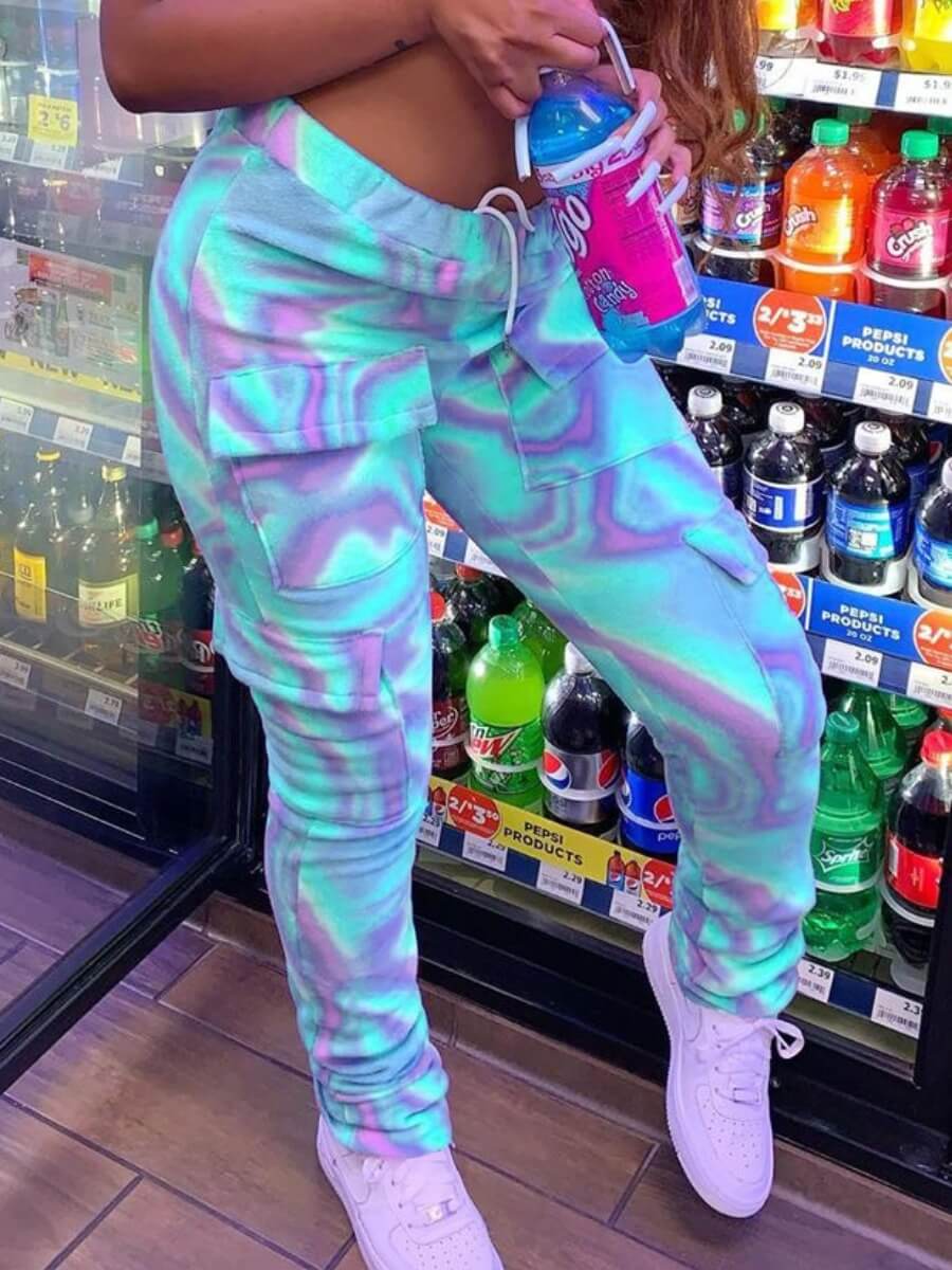 

Lovely Stylish Print Pocket Patched Cyan Pants