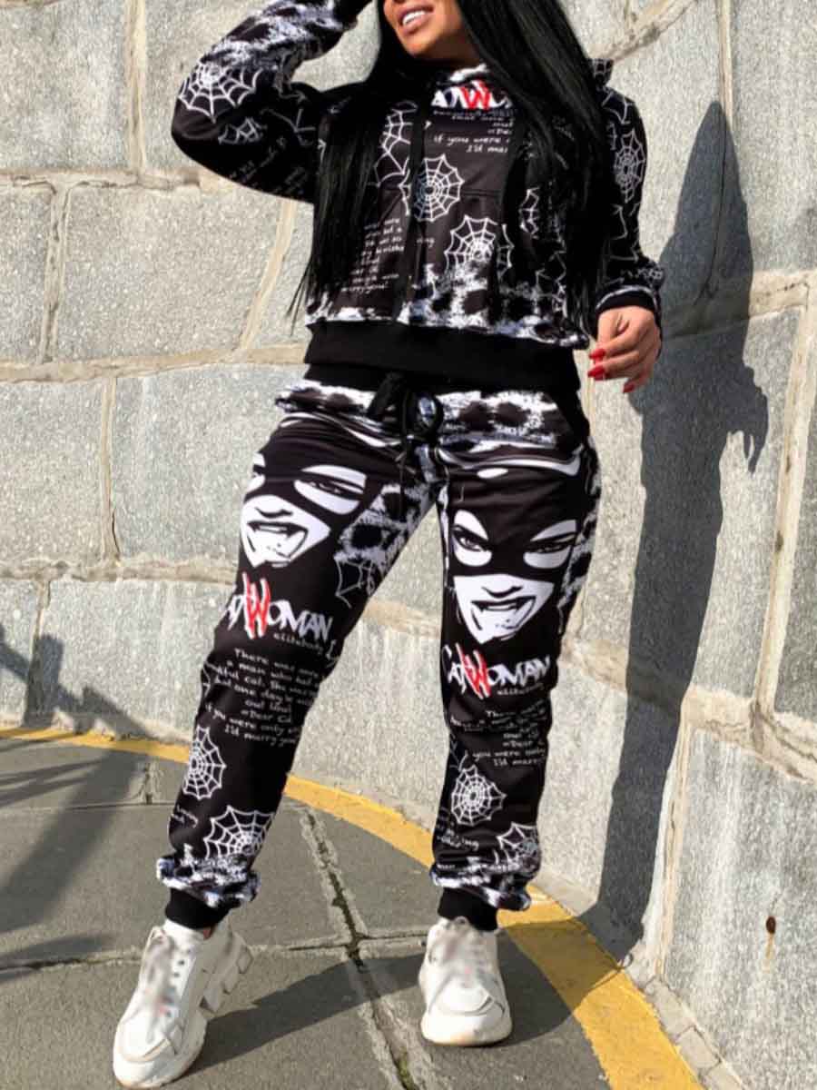 

Lovely Sportswear Hooded Collar Print Black Two Piece Pants Set