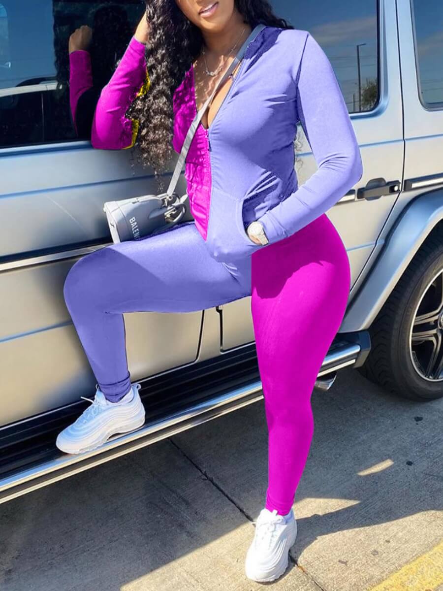 

Lovely Casual Patchwork Zipper Design Purple Two Piece Pants Set