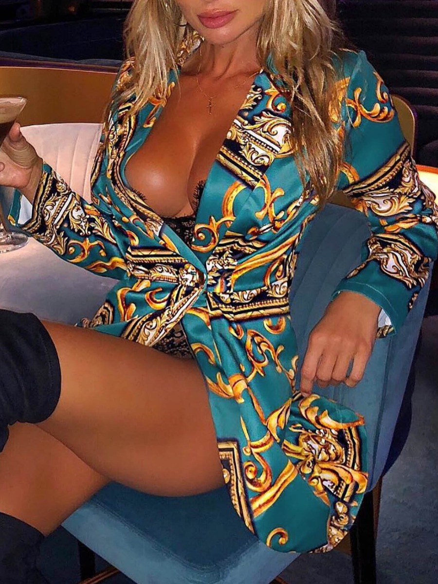 

lovely Trendy Turn-back Collar Print Blue Coat