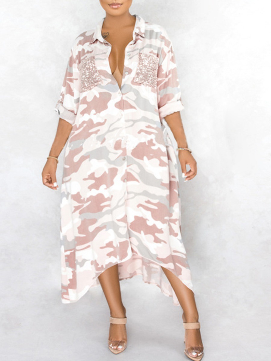

lovely Trendy Turndown Collar Camo Print Pink Mid Calf Plus Size Dress