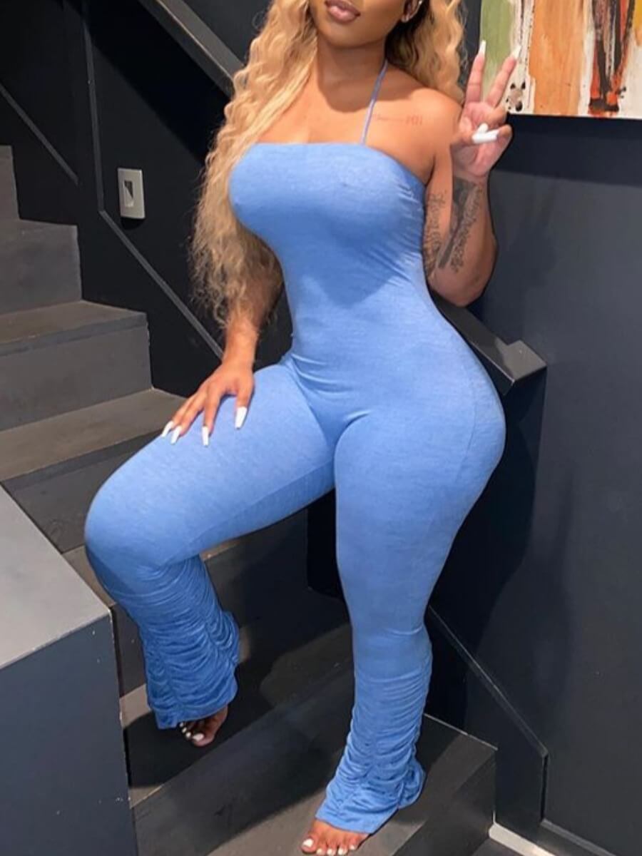 

Lovely Trendy Spaghetti Strap Fold Design Baby Blue One-piece Jumpsuit