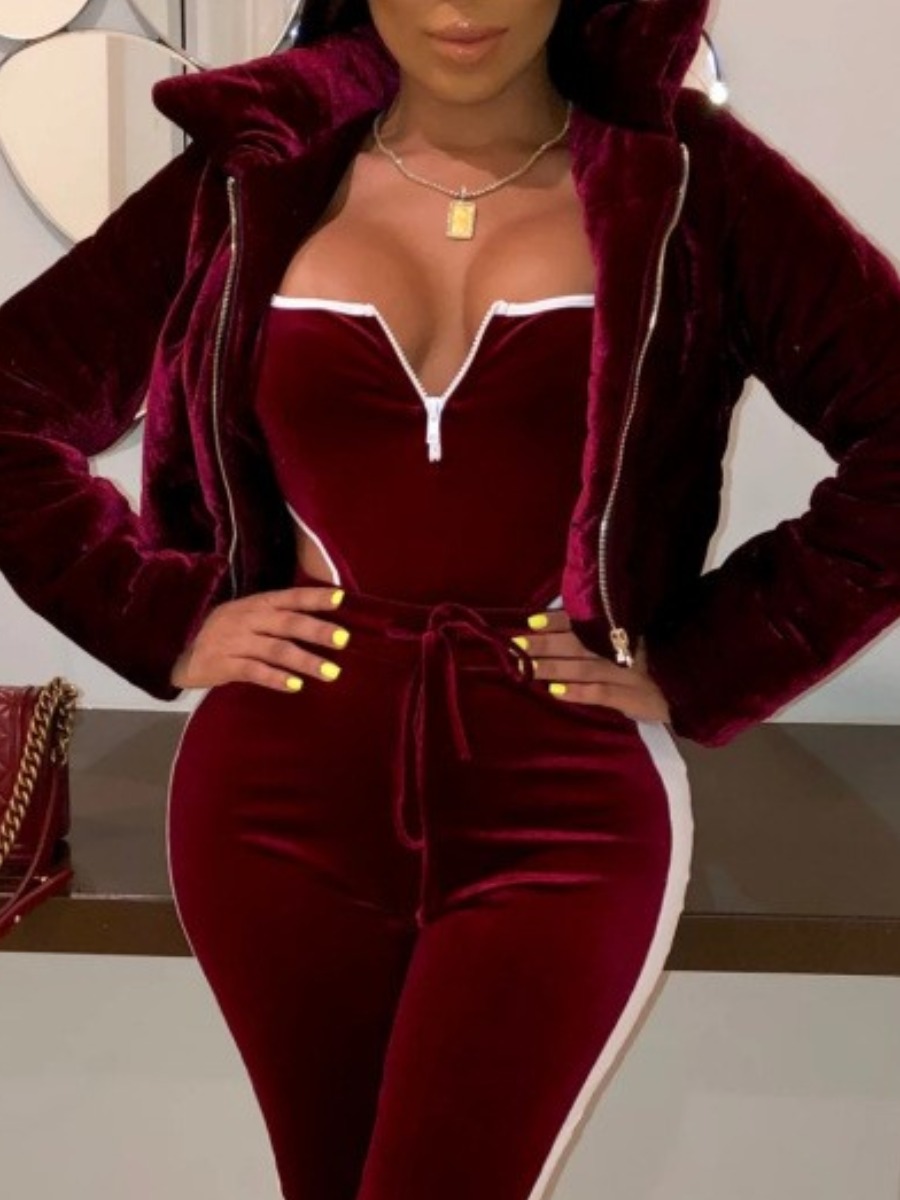 

lovely Leisure Zipper Design Wine Red Parka