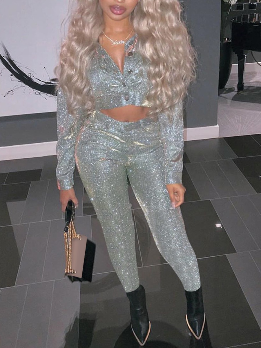 

lovely Sportswear Sequined Skinny Silver Two Piece Pants Set