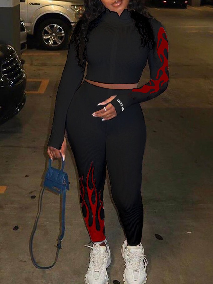 

lovely Trendy Print Zipper Design Black Two Piece Pants Set