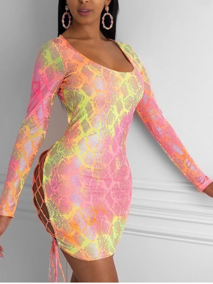 

lovely Sexy Print Bandage Design Pink Mini Dress