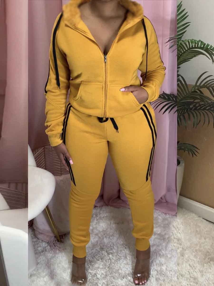 

Lovely Sportswear Hooded Collar Patchwork Zipper Design Yellow Two Piece Pants Set