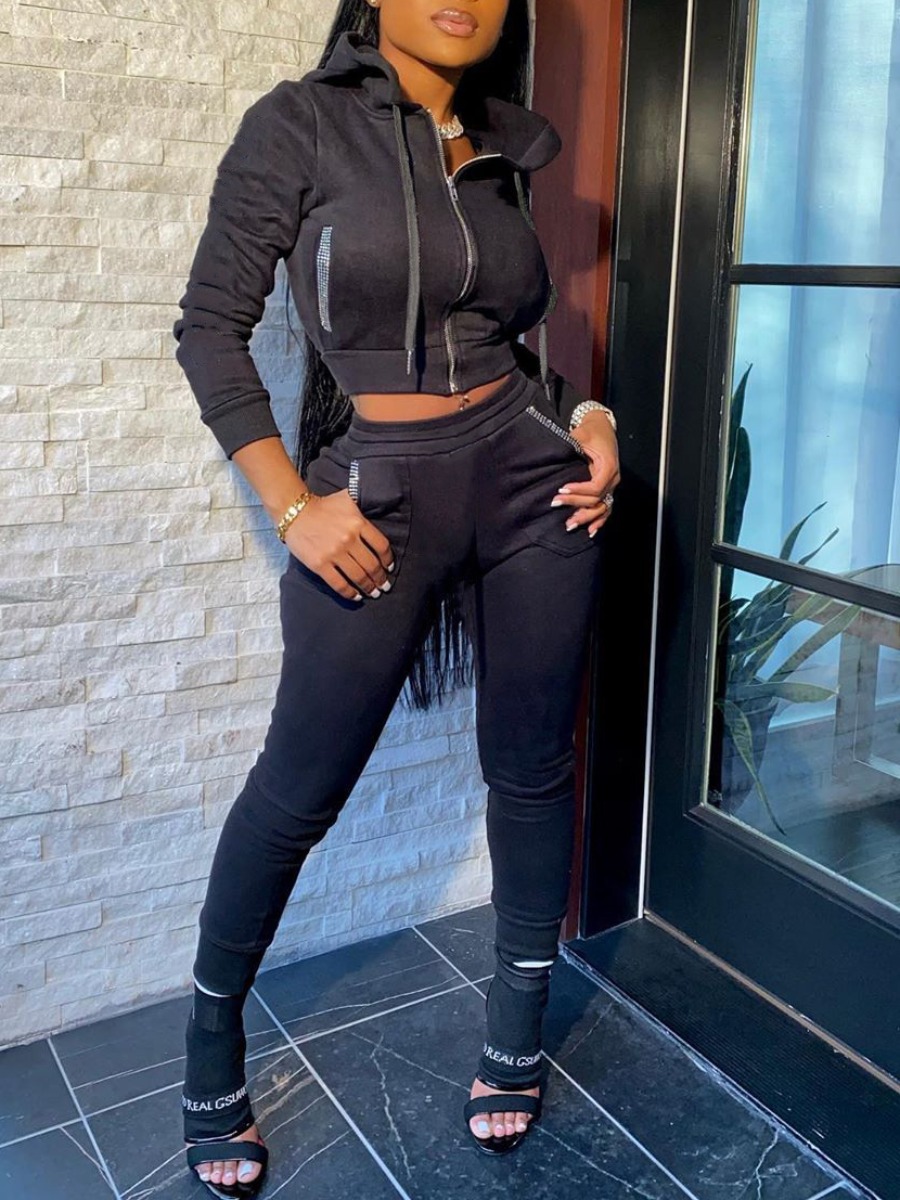 

Lovely Sportswear Hooded Collar Zipper Design Black Two Piece Pants Set