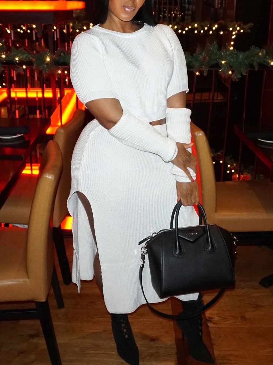 

lovely Stylish O Neck Side Slit White Two Piece Skirt Set