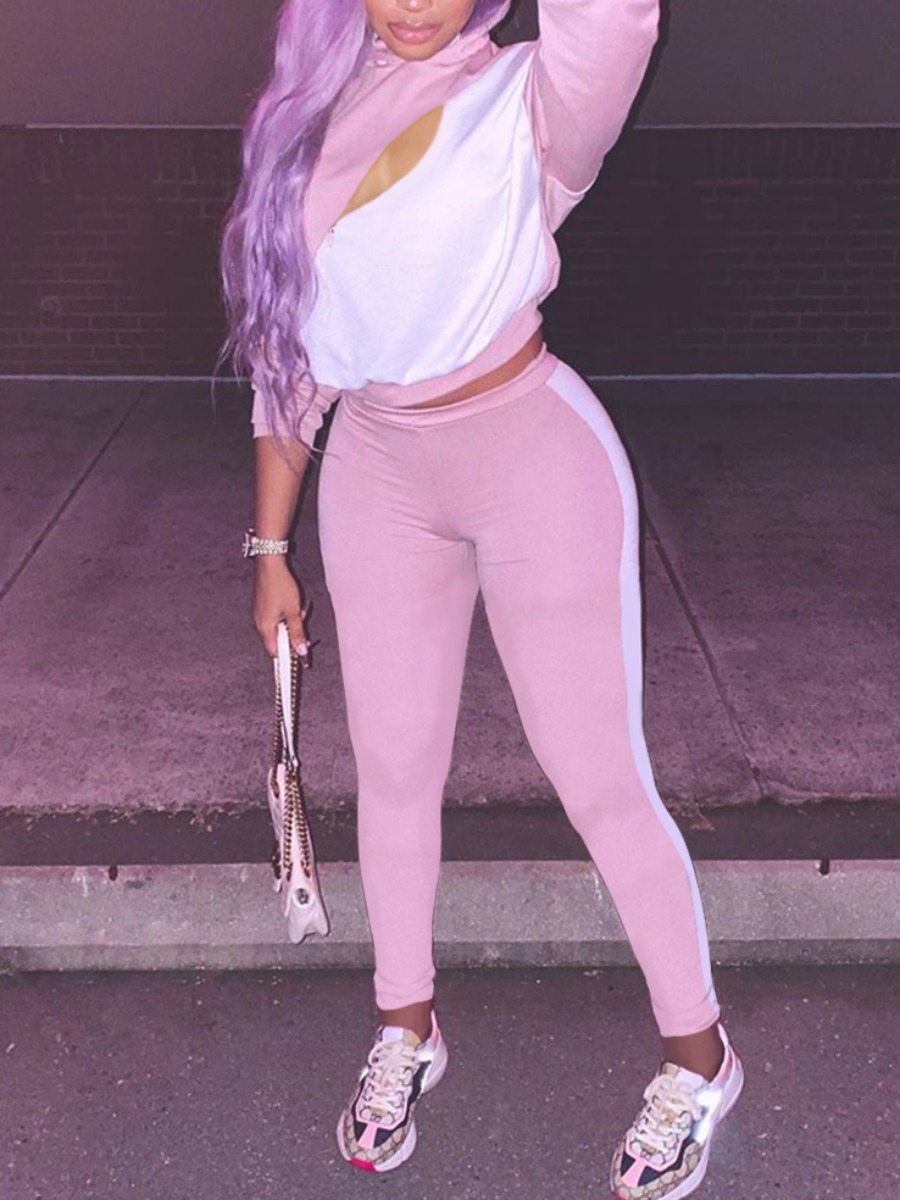 

lovely Sportswear Hooded Collar Patchwork Pink Two Piece Pants Set