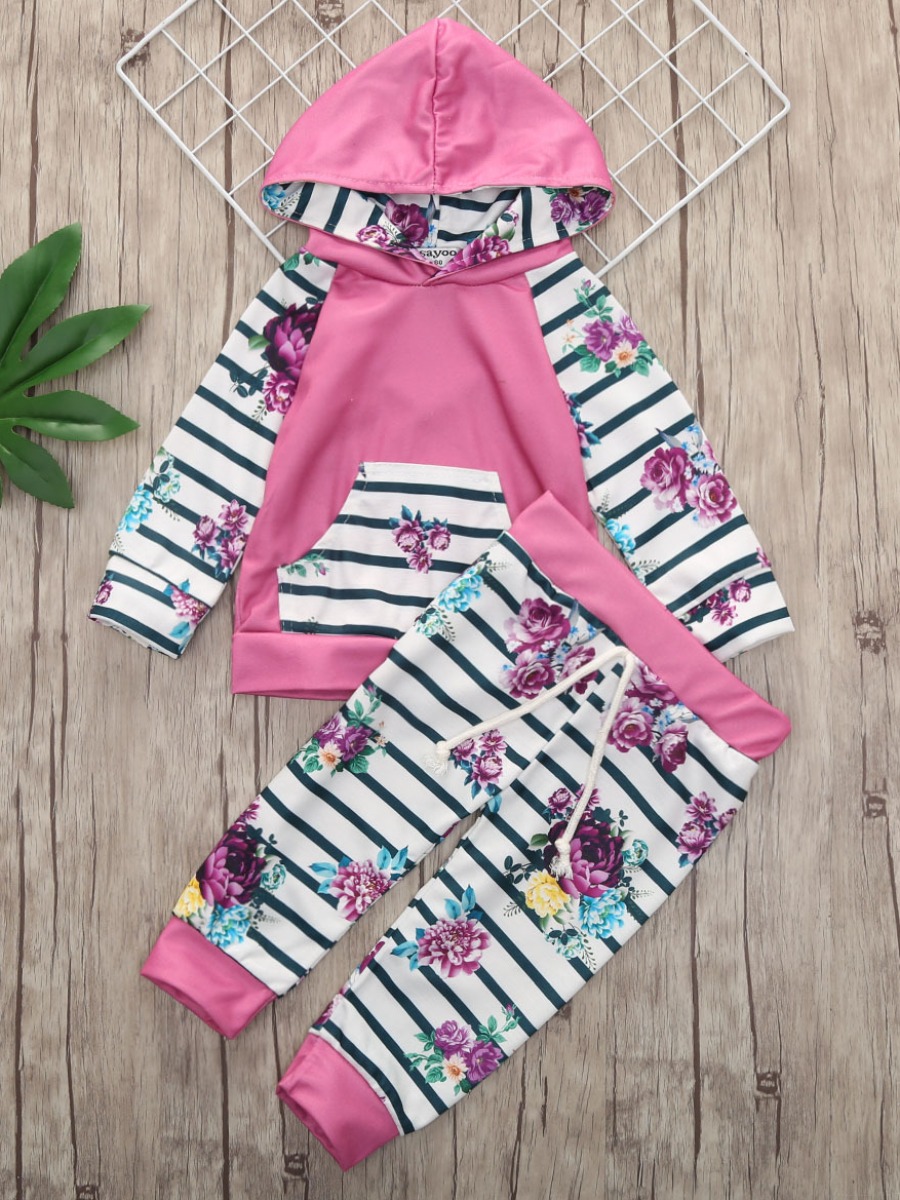 

lovely Sportswear Hooded Collar Striped Print Pink Girl Two-piece Pants Set