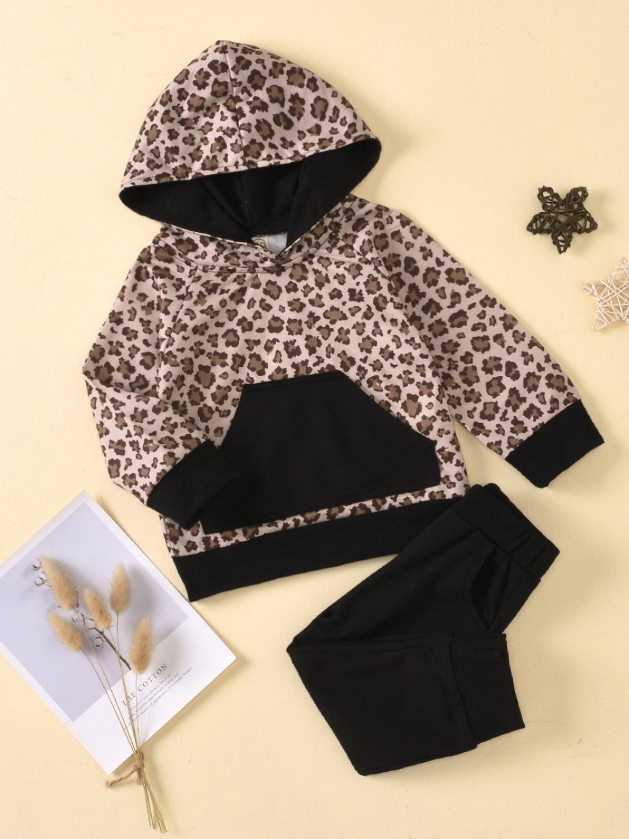 

lovely Stylish Hooded Collar Leopard Print Girl Two-piece Pants Set