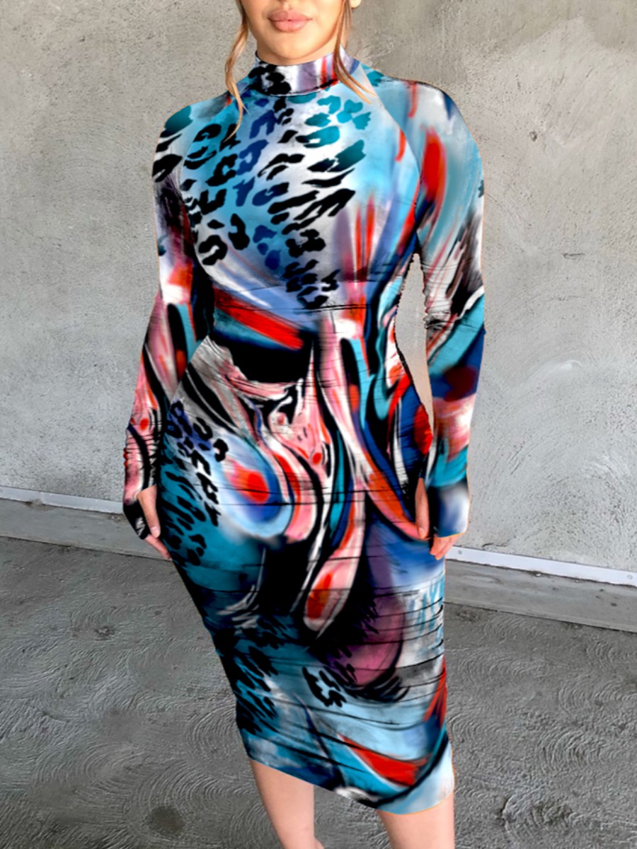 

lovely Street Half A Turtleneck Print Multicolor Knee Length Dress, Multi