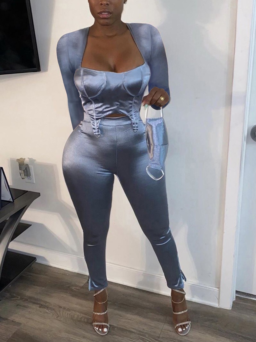 

lovely Trendy Square Collar Skinny Blue Two Piece Pants Set