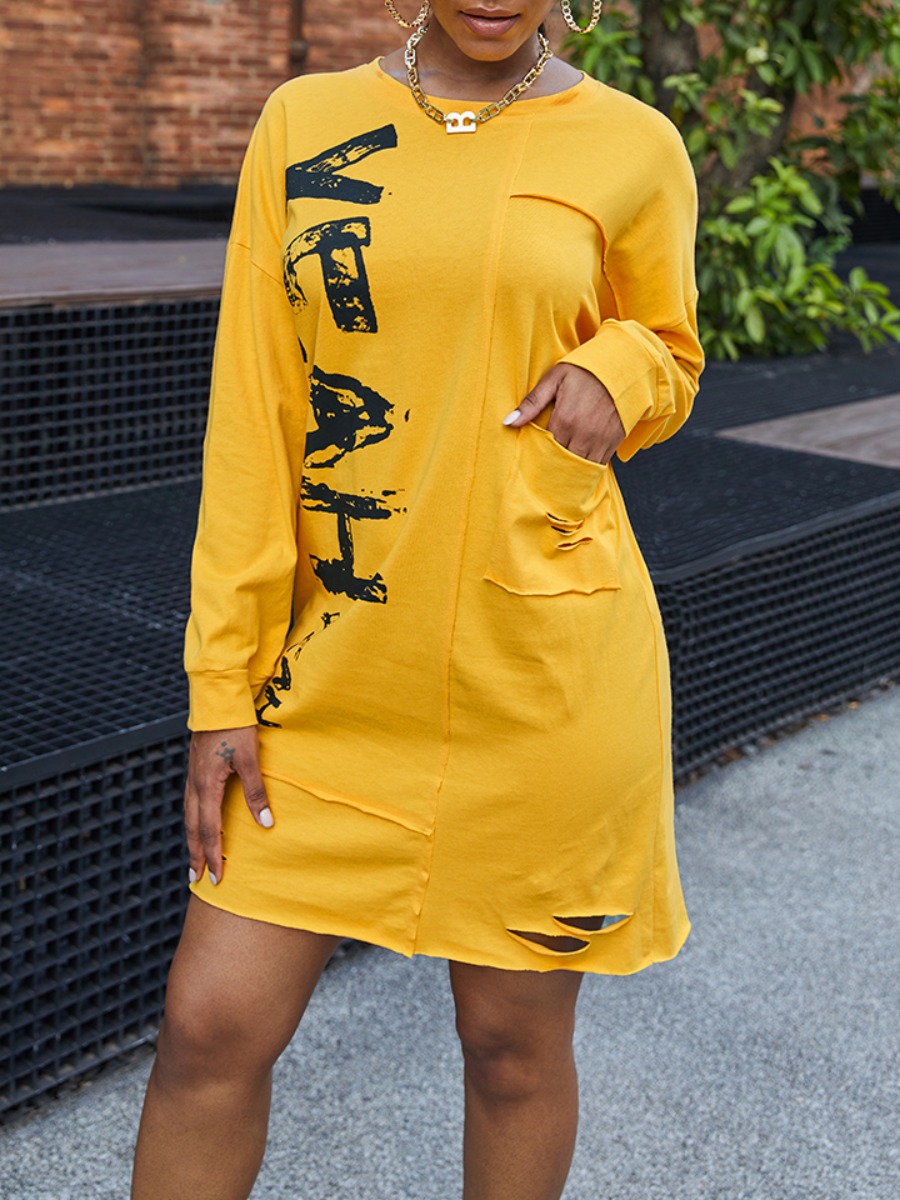 

lovely Casual O Neck Letter Print Yellow Mini Dress