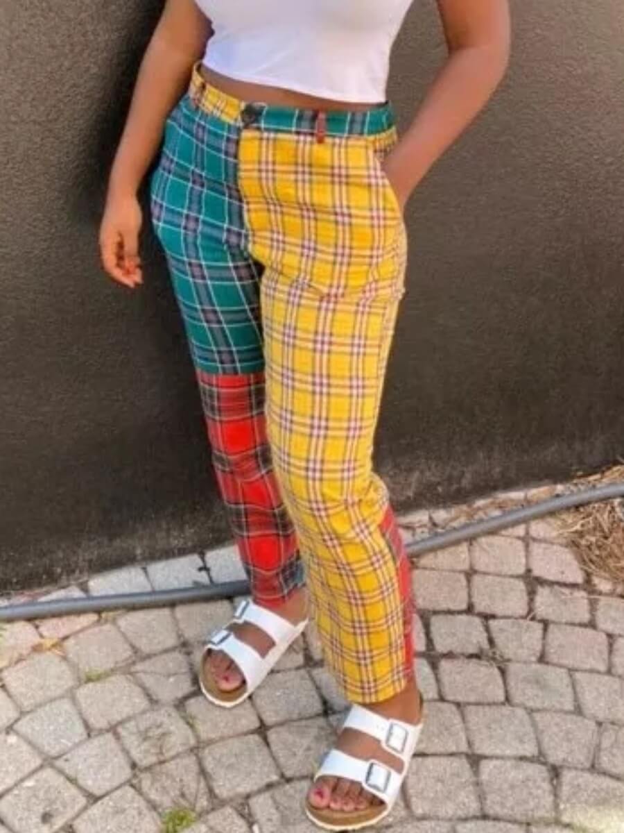 

Lovely Street Grid Print Patchwork Multicolor Pants, Multi
