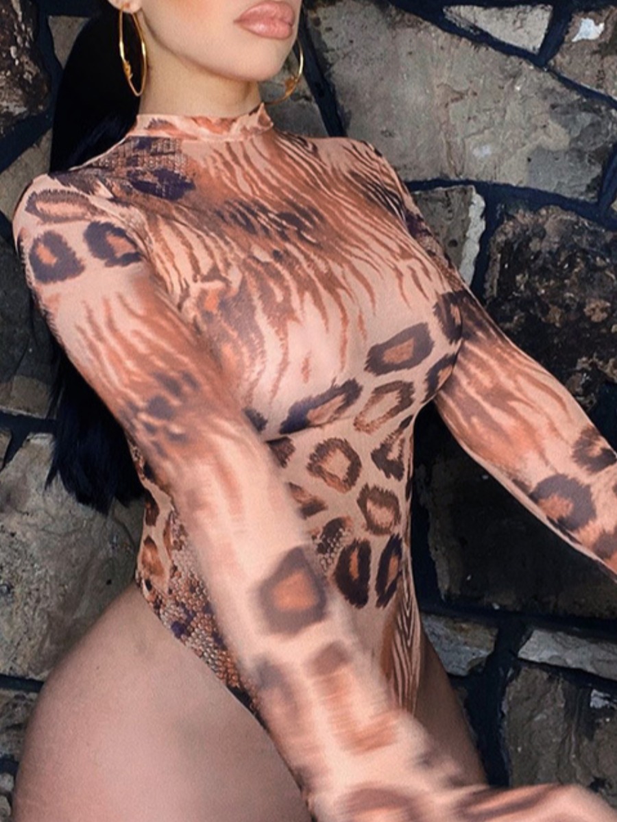 

lovely Sexy Print Skinny Brown Bodysuit